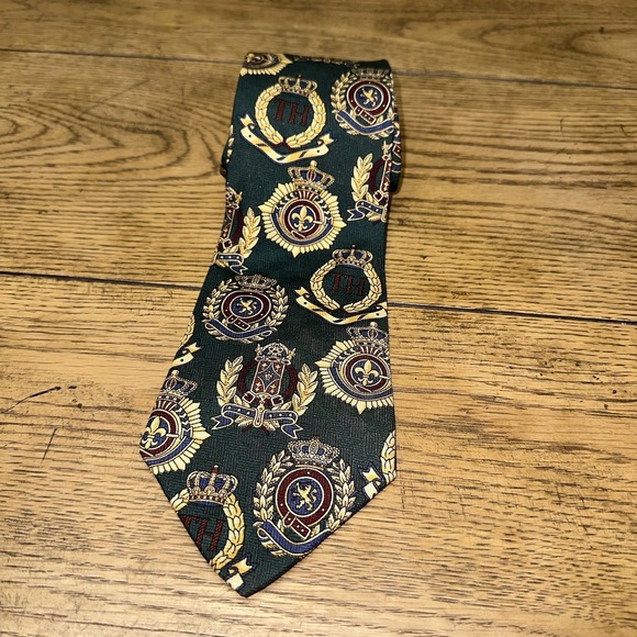 Vtg 90's Tommy Hilfiger Men's Italian Silk 3.5"‎ Green Neck Tie Crest USA Preppy - Picture 1 of 6